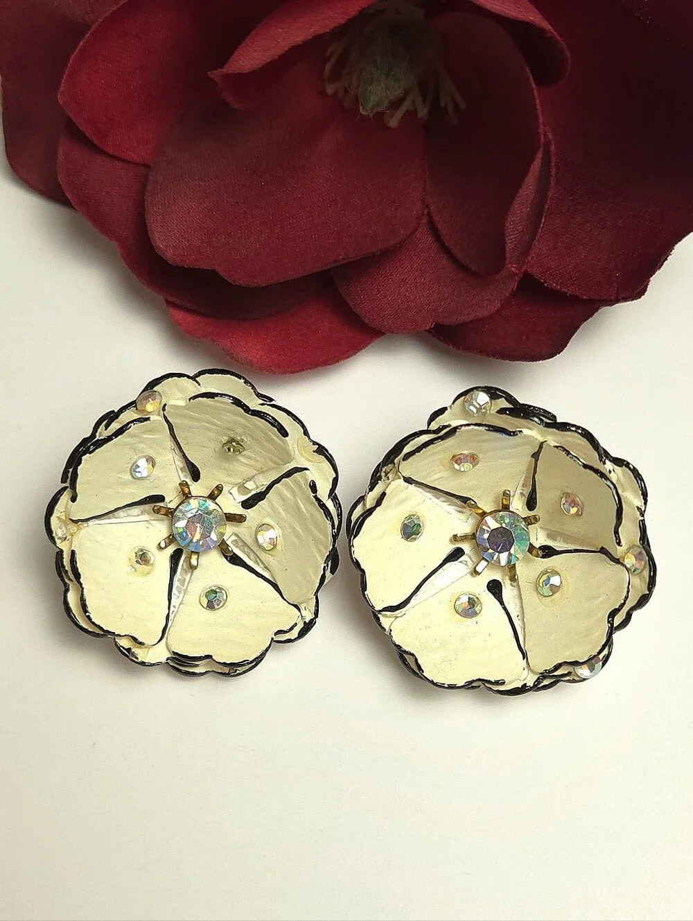 Vintage Handmade Acrylic Flower Petal Aurora Borealis Crystal Earrings Clip On